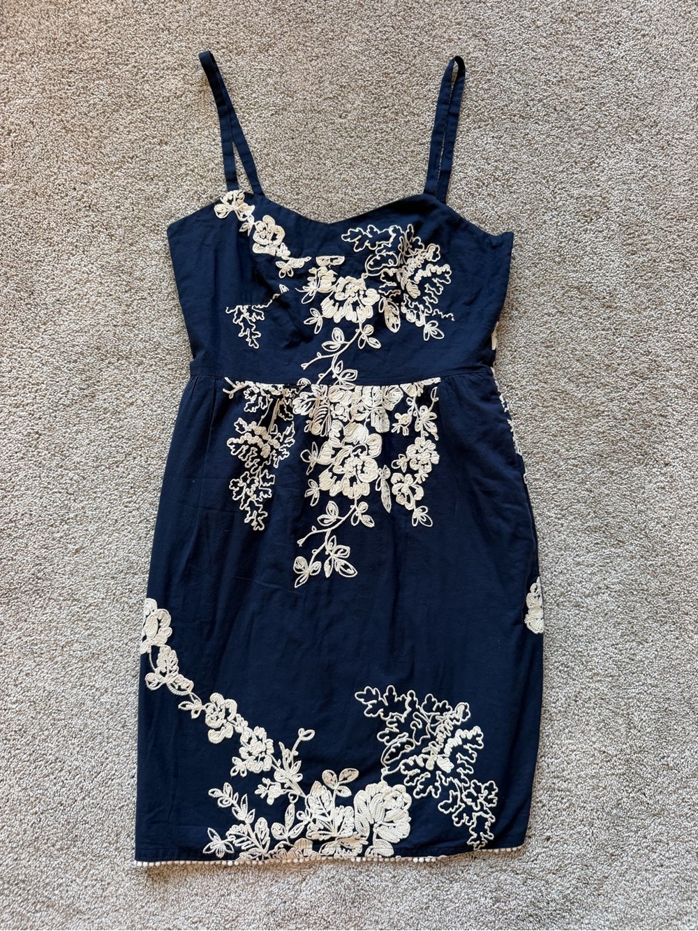 Women’s J. Crew Navy Blue Floral Embroidered Spaghetti Strap Dress- Size 4